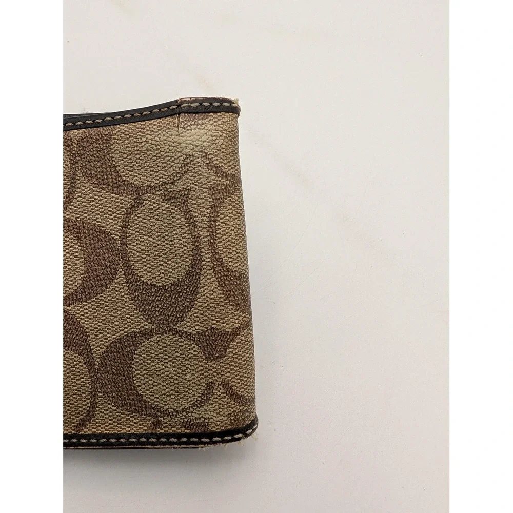 Coach Wallet Mens Brown Canvas Leather Bifold Signature Stripe Logo Card Holder